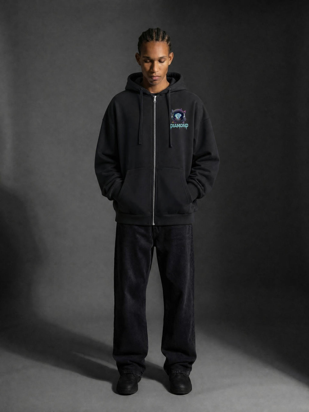 Graphic Drop-Shoulder Zip Up Hoodie