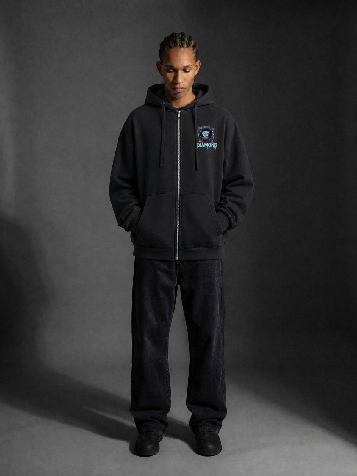 Graphic Drop-Shoulder Zip Up Hoodie