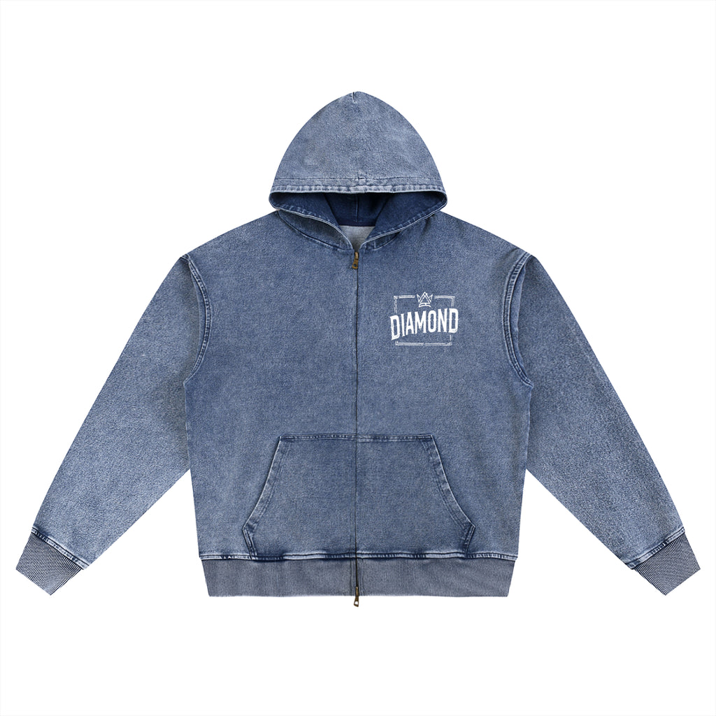 Snow Wash Oversized Zip-Up Hoodie "Crafting Greatness"
