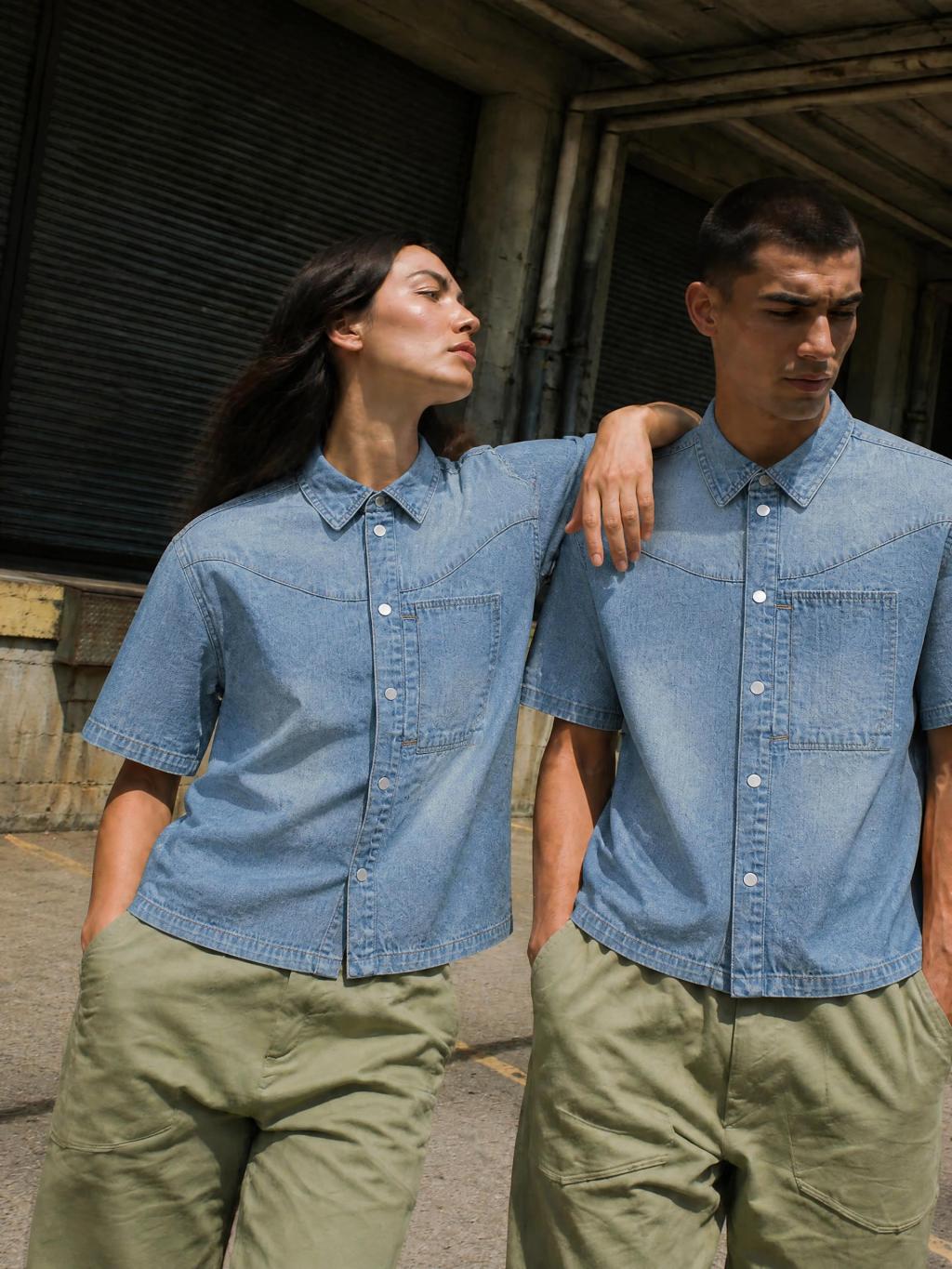 Unisex Vintage Wash Boxy Short Denim Shirt